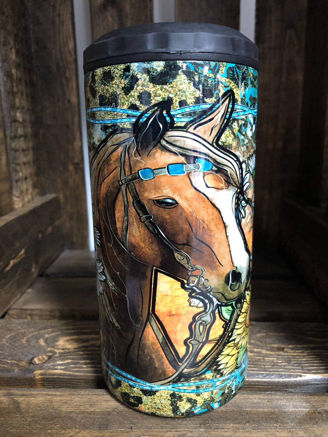 Turquoise Horse with Leather 4-in-1 Can Cooler